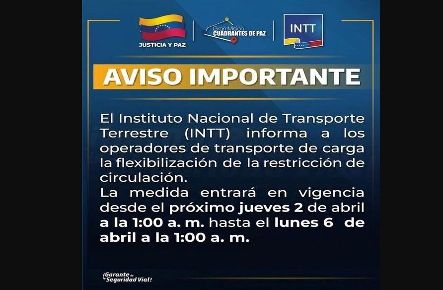¿Hasta cuando será la restricción para el transporte pesado? esto dijo el INTT