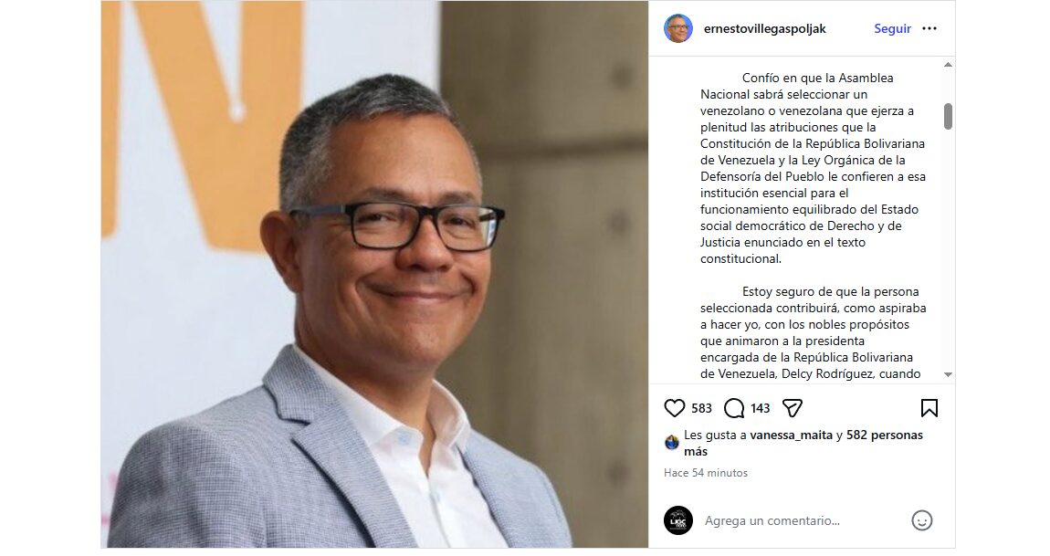 Villegas declina candidatura como Defensor del Pueblo