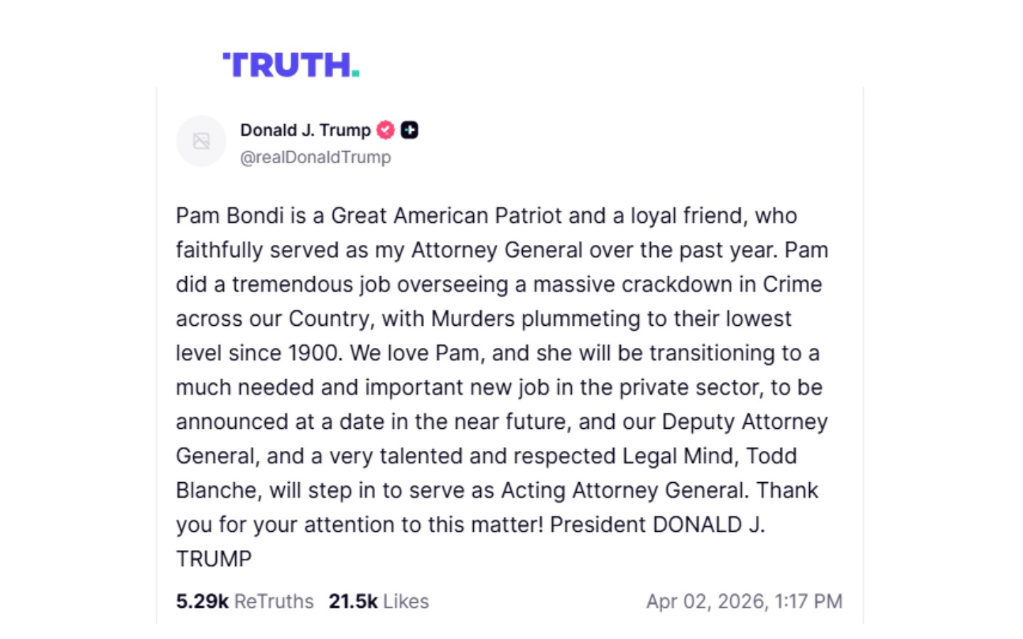 Destituyen Pam Bondi como Fiscal General de Estados Unidos