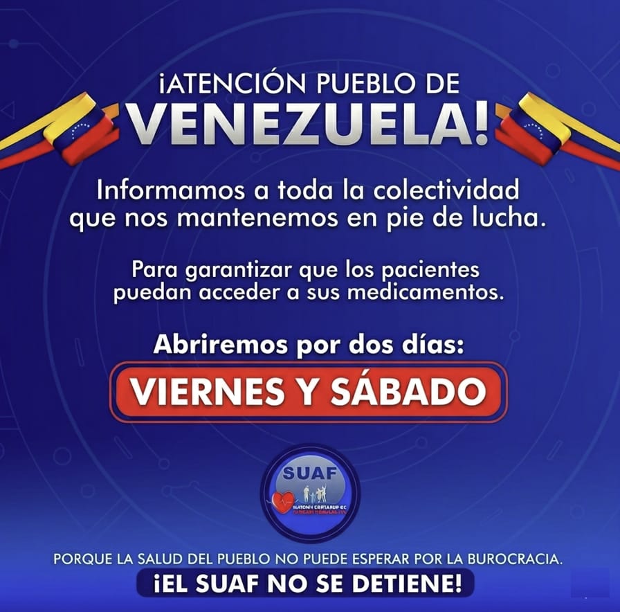 ¡ATENCIÓN! Farmacias SUAF abrirán nuevamente este viernes y sábado en todo el país