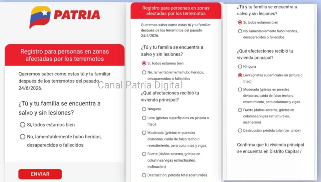 Sistema Patria activa registro especial para atender a los afectados por los recientes terremotos