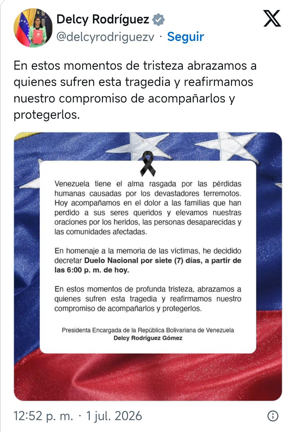 Delcy Rodríguez decreta duelo nacional de siete días tras pérdidas de vidas por terremoto